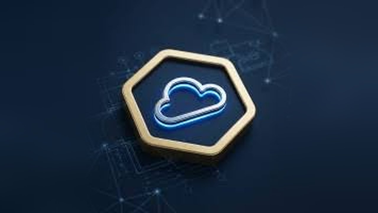A gold hexagon frame holding a glowing cloud icon on a dark blue circuit background