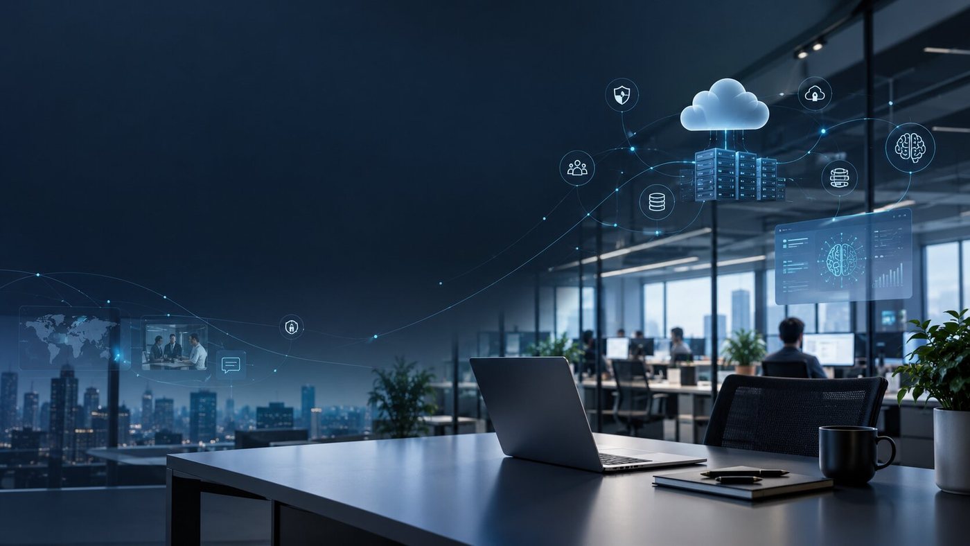A modern office with a cloud network linking tools, data and teams into one platform