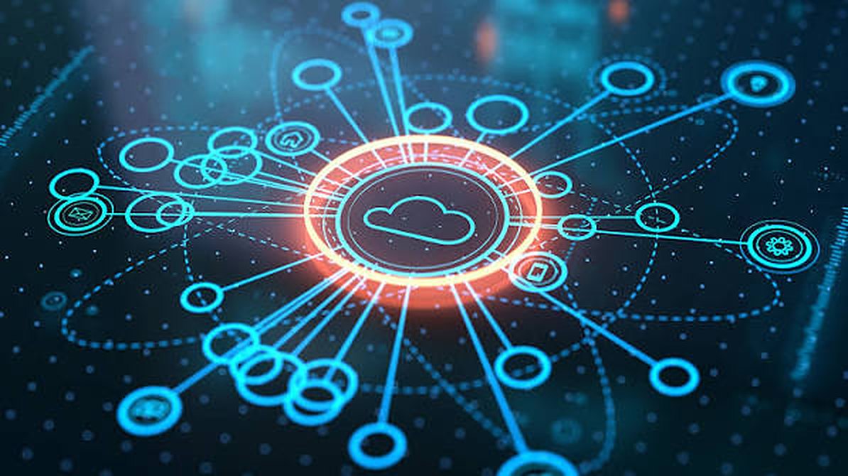 A network of glowing connected nodes around a central cloud icon